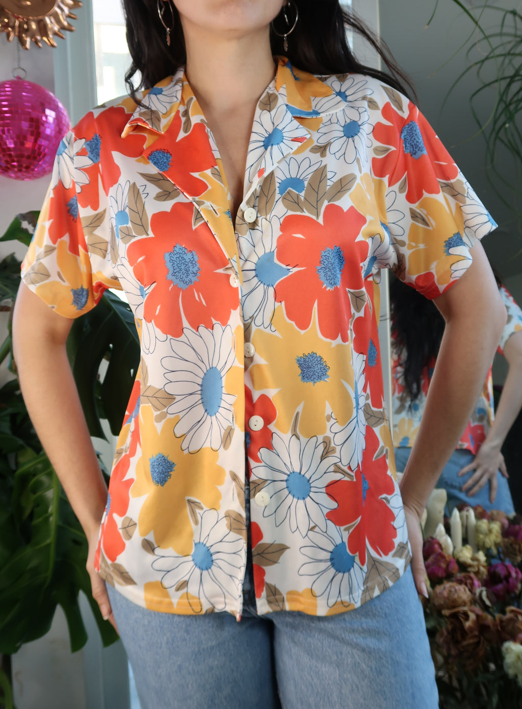 Vintage 70s Floral Hawaiian Short Sleeve Blouse