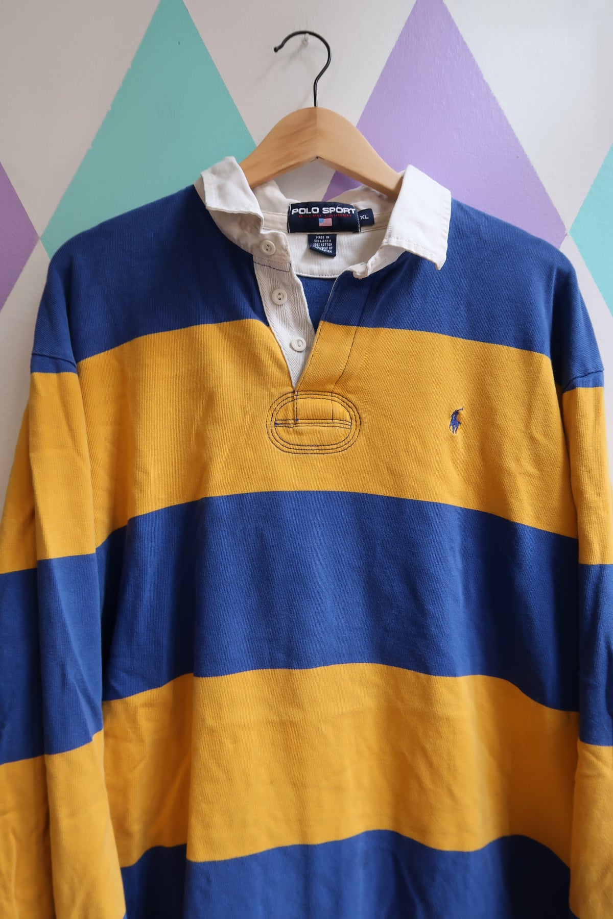 Vintage Polo Sport Ralph Lauren Rugby Shirt – Yellow & Navy Striped – Size XL