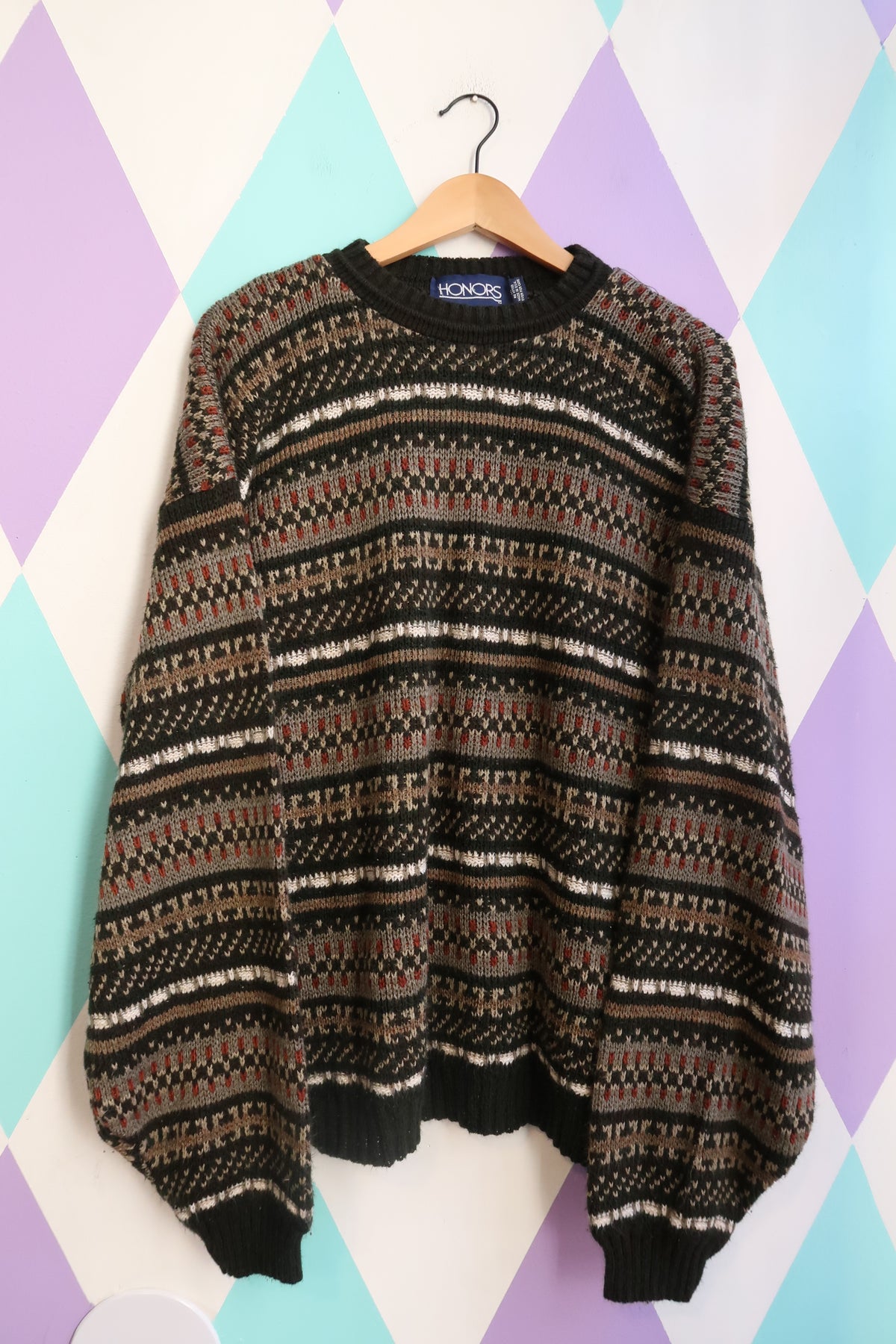 Vintage Honors 90s Earth-Tone Patterned Knit Sweater — Cozy Chunky Crewneck