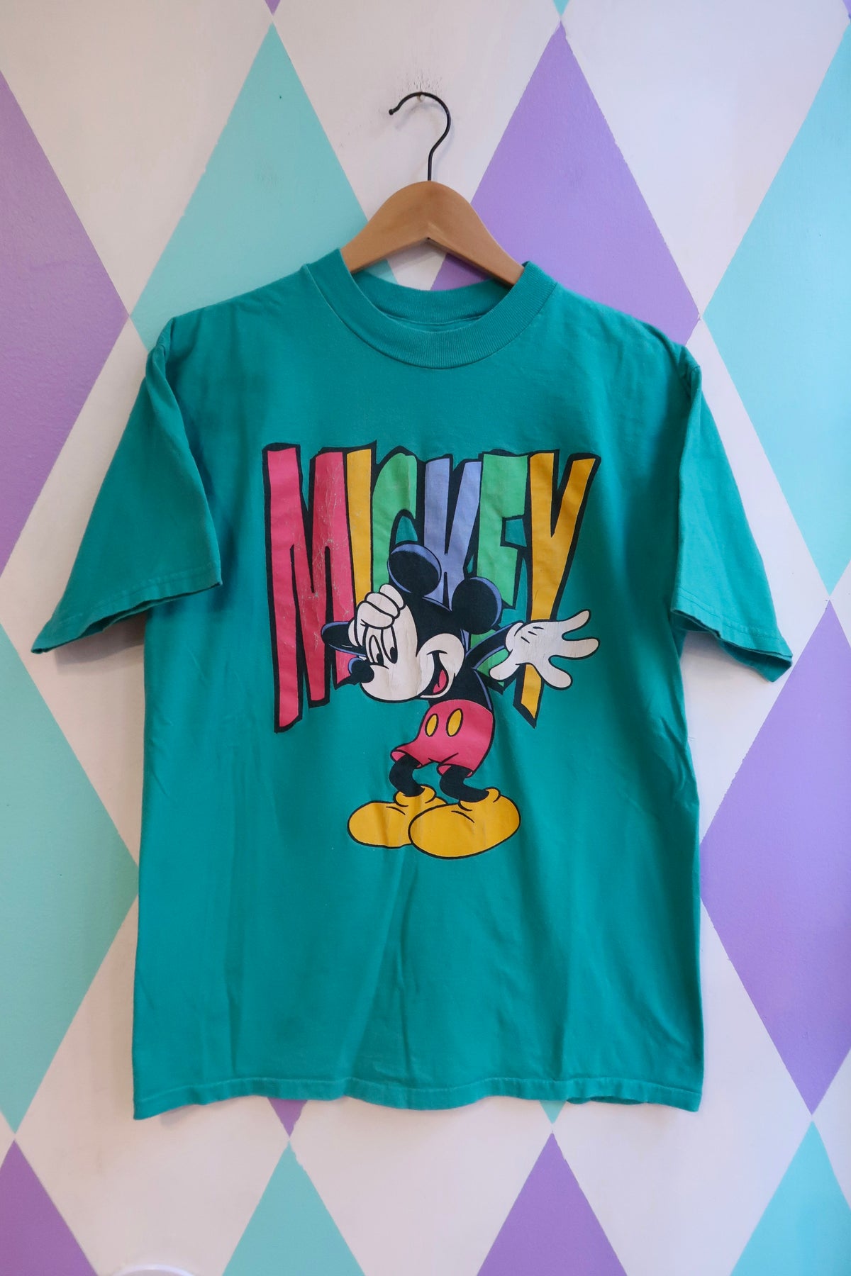 Vintage 90s Mickey Mouse “Mickey” Graphic Tee – Teal Disney Cartoon T-Shirt