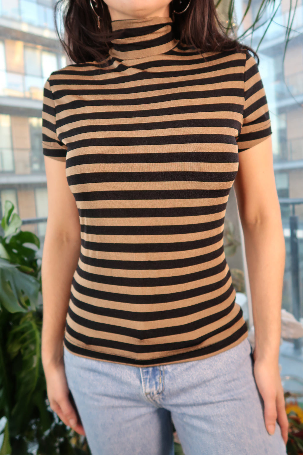 Vintage Slinky Tan and Black Striped Mockneck Top