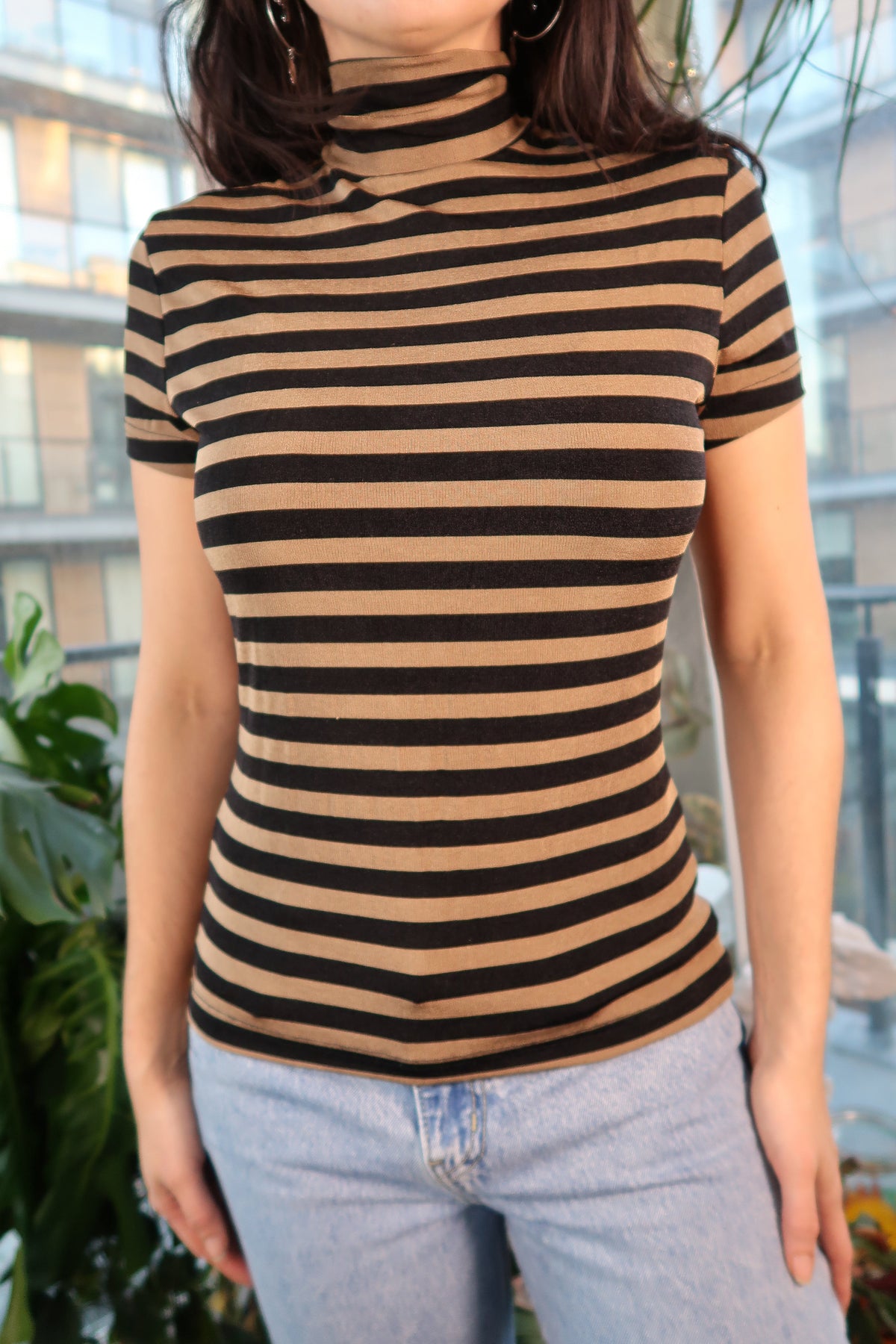 Vintage Slinky Tan and Black Striped Mockneck Top