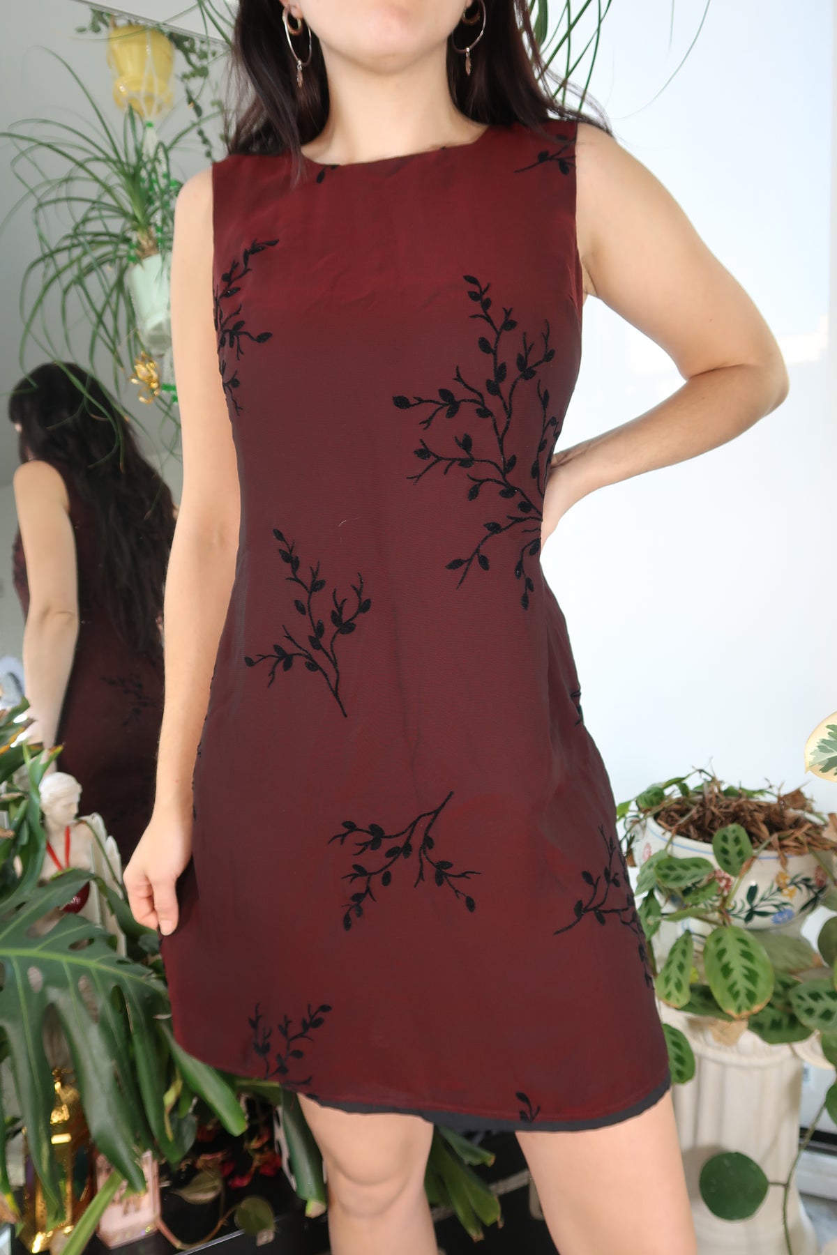 Vintage 1990s Burgundy Burn Out Velvet Mini Dress