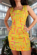 Vintage 90s Neon Green Pink Yellow Geometric Mini Dress
