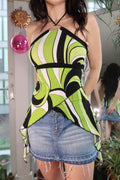 Y2K Vintage Psychedelic Halter Top – Green & Black Abstract Ring Detail