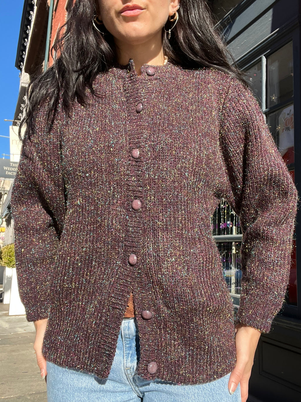 Elektra Vintage vintage plum metallic knit cardigan with long sleeves and button closure, close-up of textured fabric.