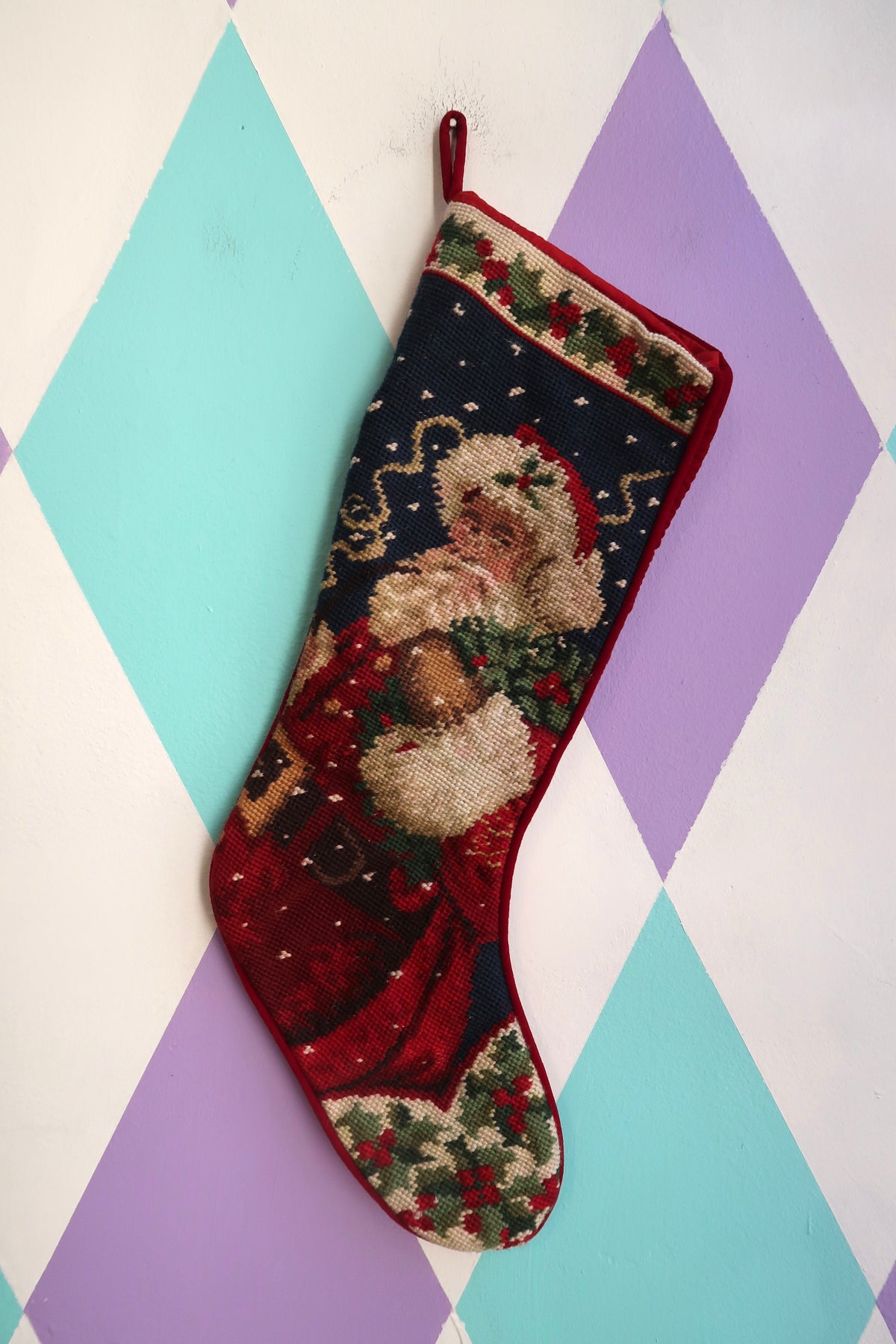 Vintage Needlepoint Santa Christmas Stocking