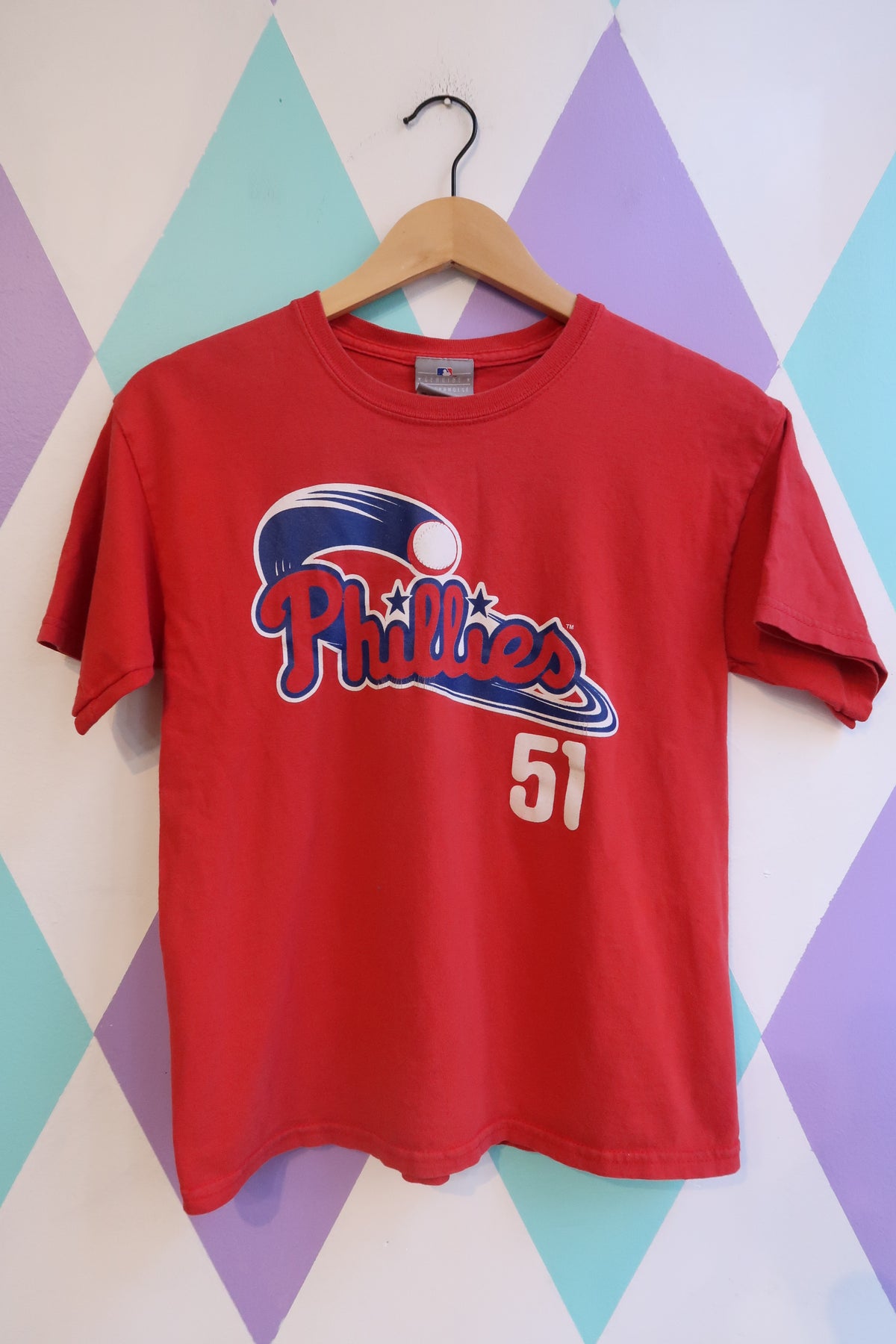 Women's Philadelphia Phillies Ruiz #51 red graphic baseball tee by Elektra Vintage, featuring Phillies team logo and player number.