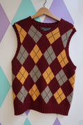 Elektra Vintage red and yellow argyle sweater vest with classic diamond pattern, sleeveless knit top from Abercrombie and Fitch.