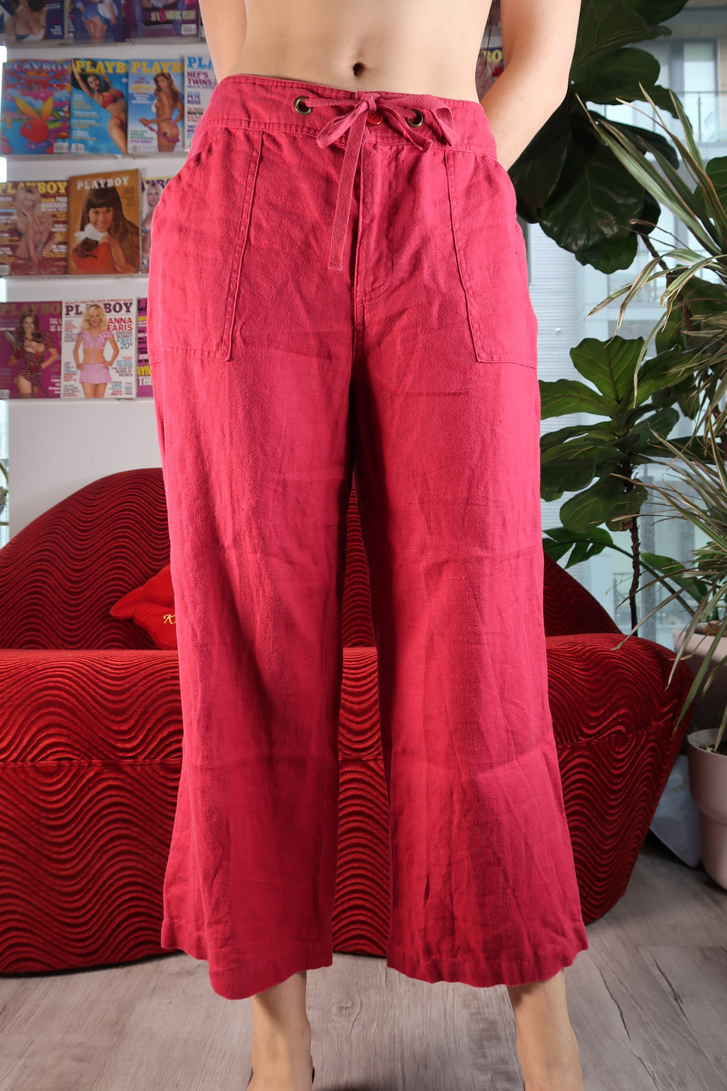 Red Linen Drawstring Wide Leg Capris