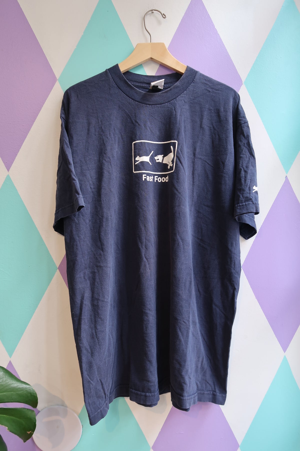 Vintage Y2K “Fast Food” Cat & Dog Graphic Tee – Navy Blue