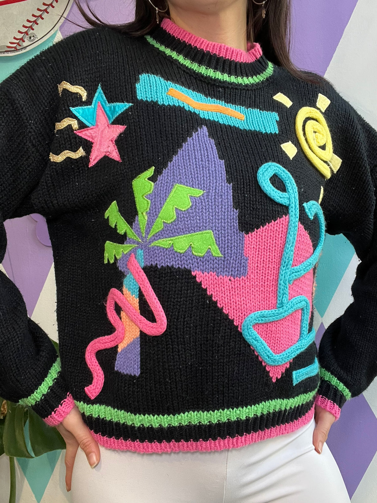 Vintage 80s Vapor Wave knit sweater by Elektra Vintage, featuring colorful retro patterns and cozy knit fabric.