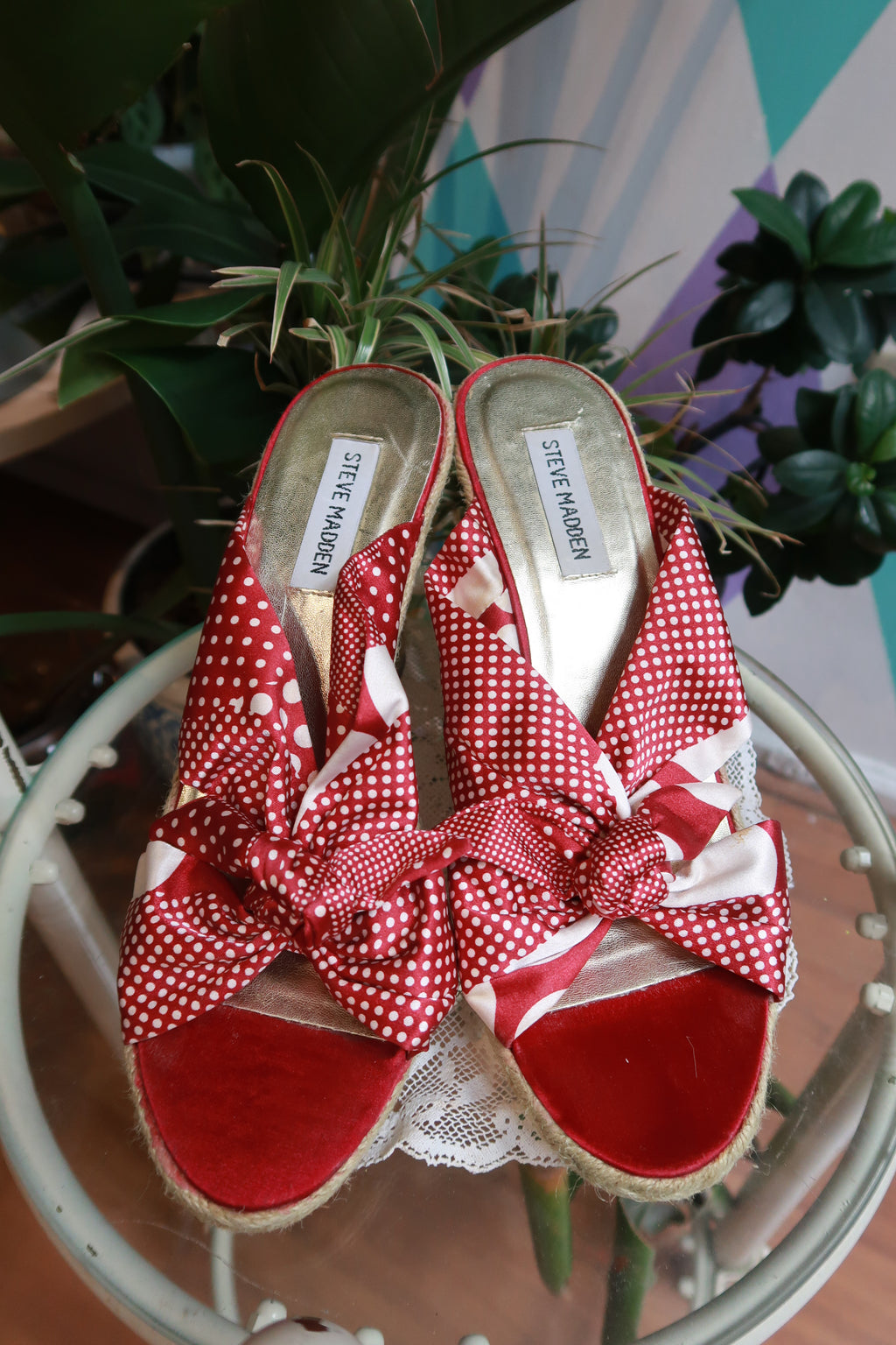 Vintage Y2K Steve Madden Red Polka Dot Bow Espadrille Wedges