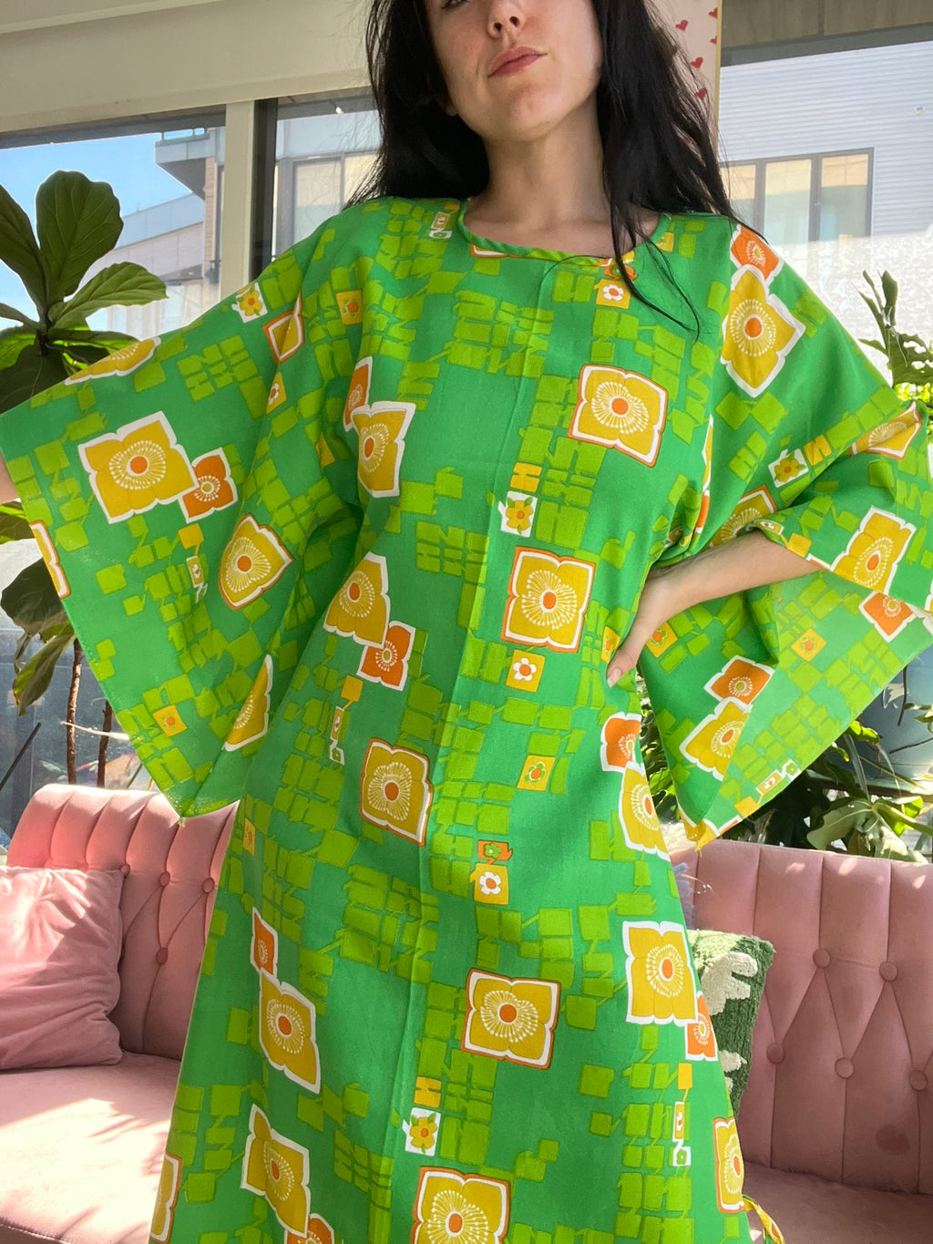 60s 70s Vintage Green Geometric Pattern Maxi Dress - Elektra Vintage