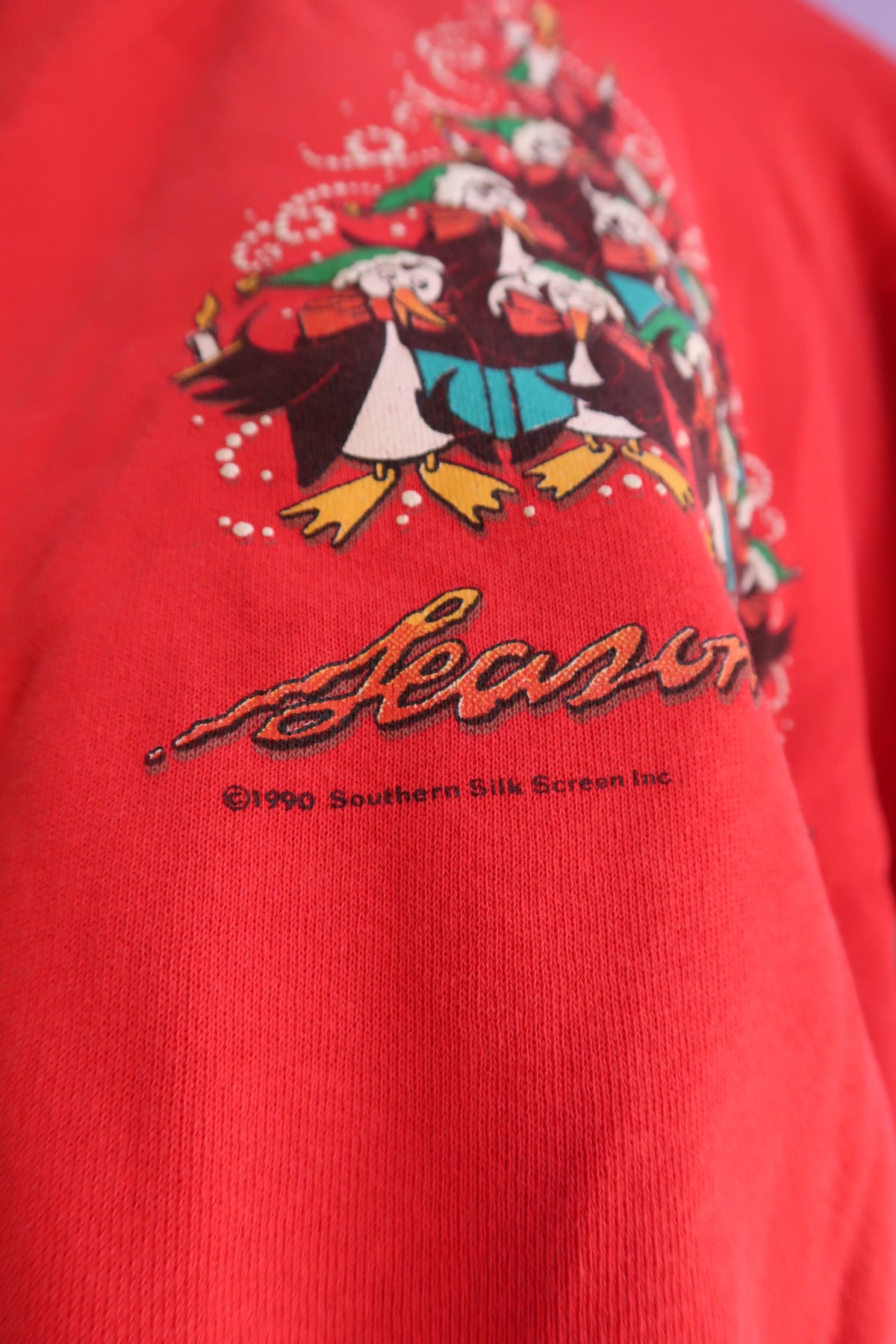 Vintage 90s Penguin Christmas Tree Sweatshirt – Red Holiday Crewneck - Elektra Vintage