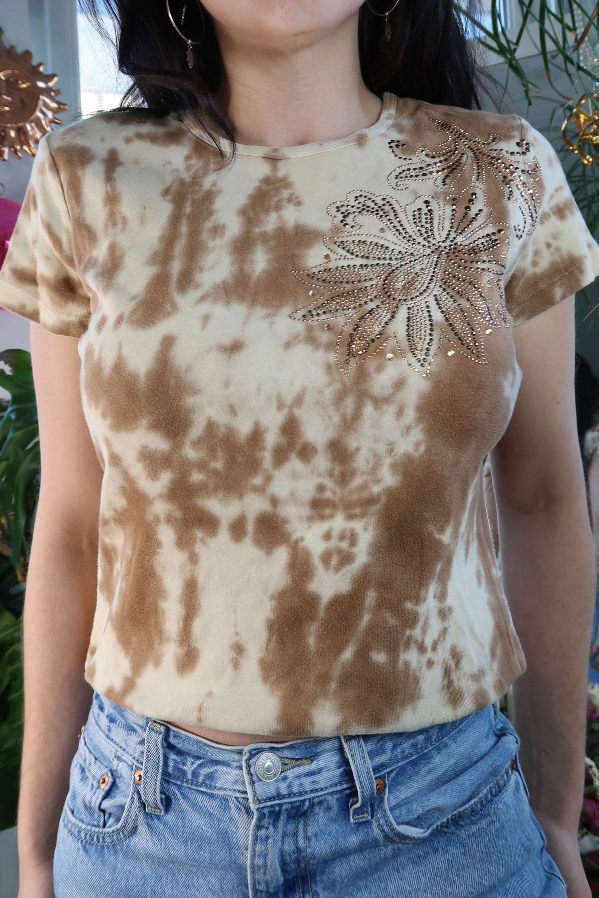 Vintage 2000s Brown Tie Dye Bedazzled T Shirt