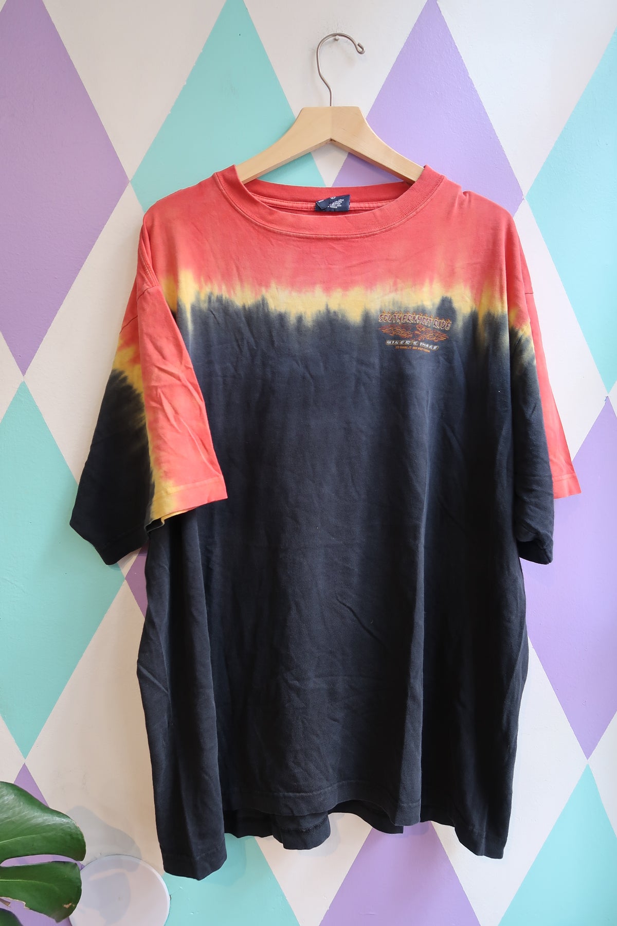 Men's vintage 2003 Southernmost Ride tie-dye biker tee with Key West skull graphic by Elektra Vintage.