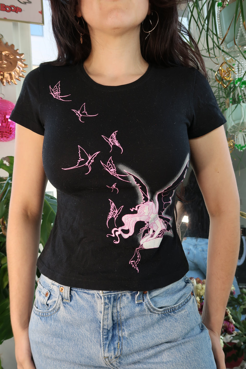 Vintage 2000s Doe pink fairy butterfly graphic tee for women, by Mighty Fine, featuring colorful fairy and butterfly design.