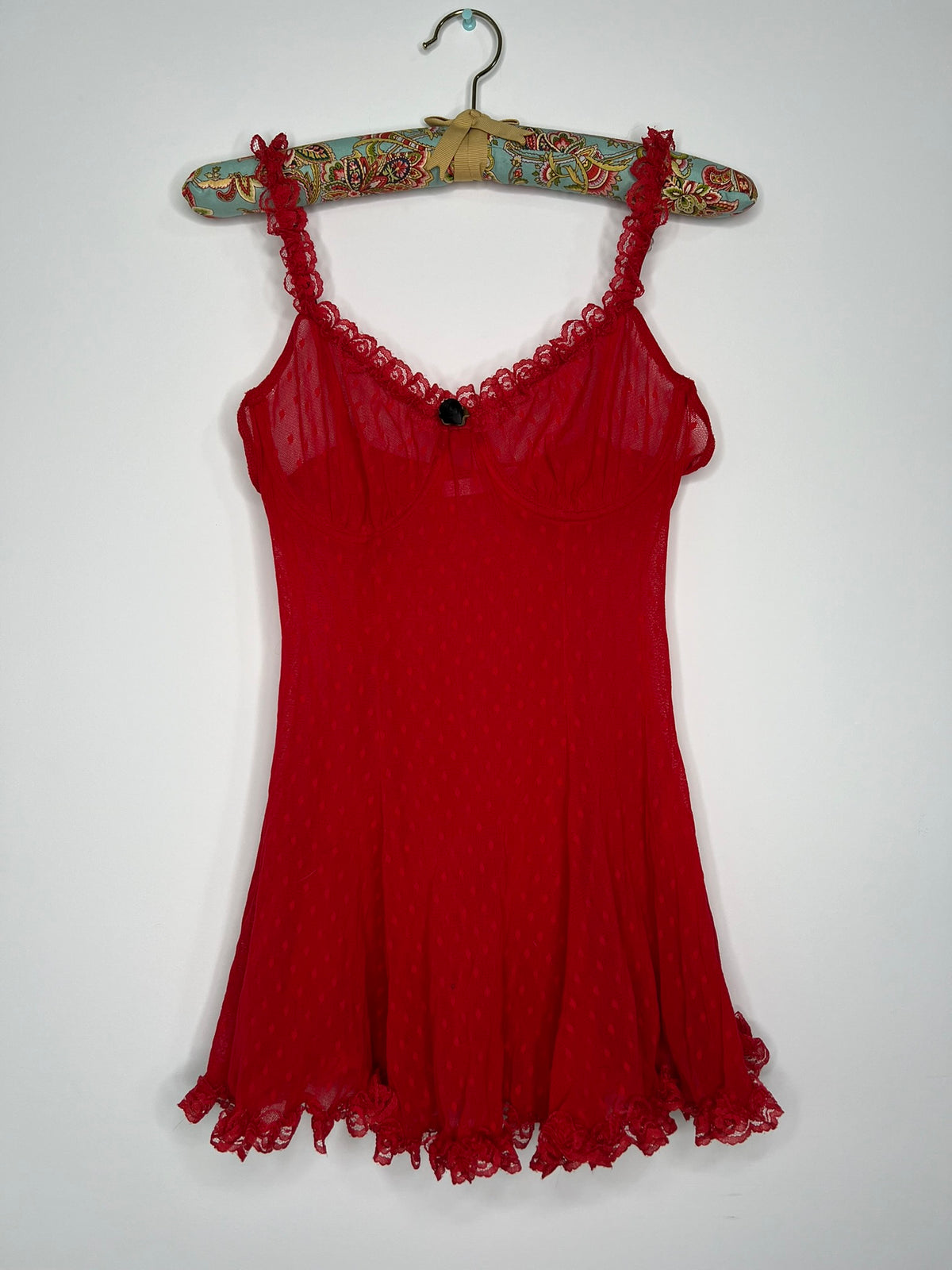 Red lace women's top from the 2000s Victoria's Secret collection, featuring intricate lace detail and a fitted style.