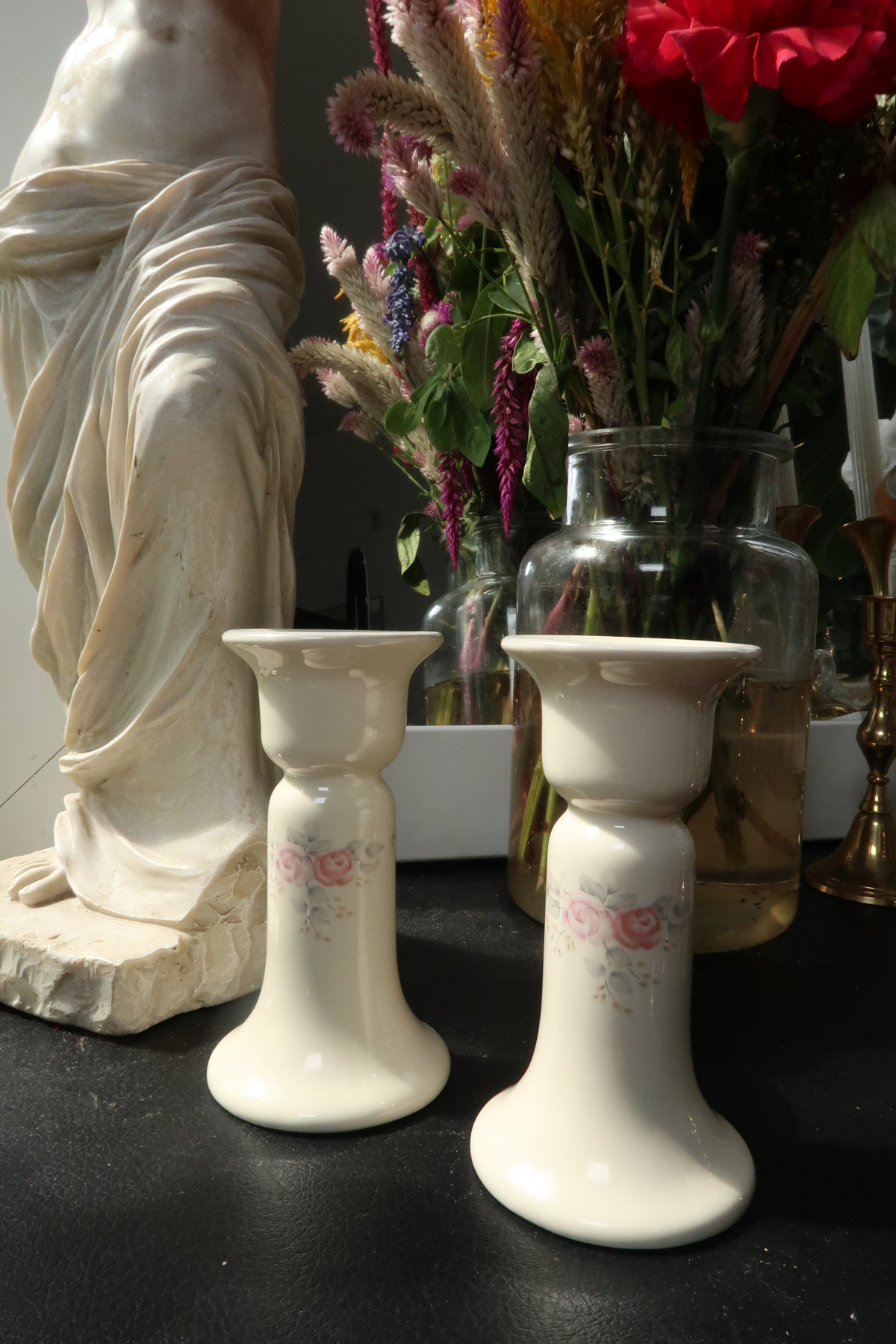 Vintage Pfaltzgraff Ceramic Candleholders – Rose Floral Taper Holders - Elektra Vintage