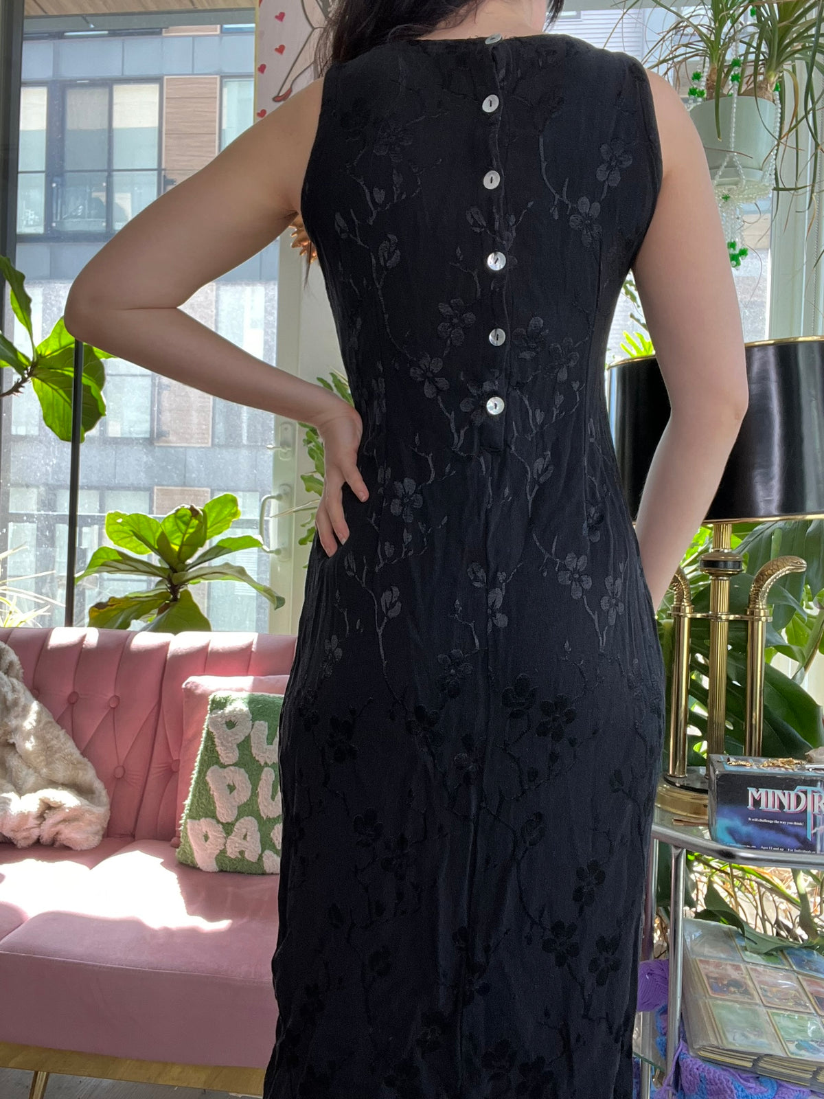90s Vintage Monochrome Floral Midi Dress - Elektra Vintage
