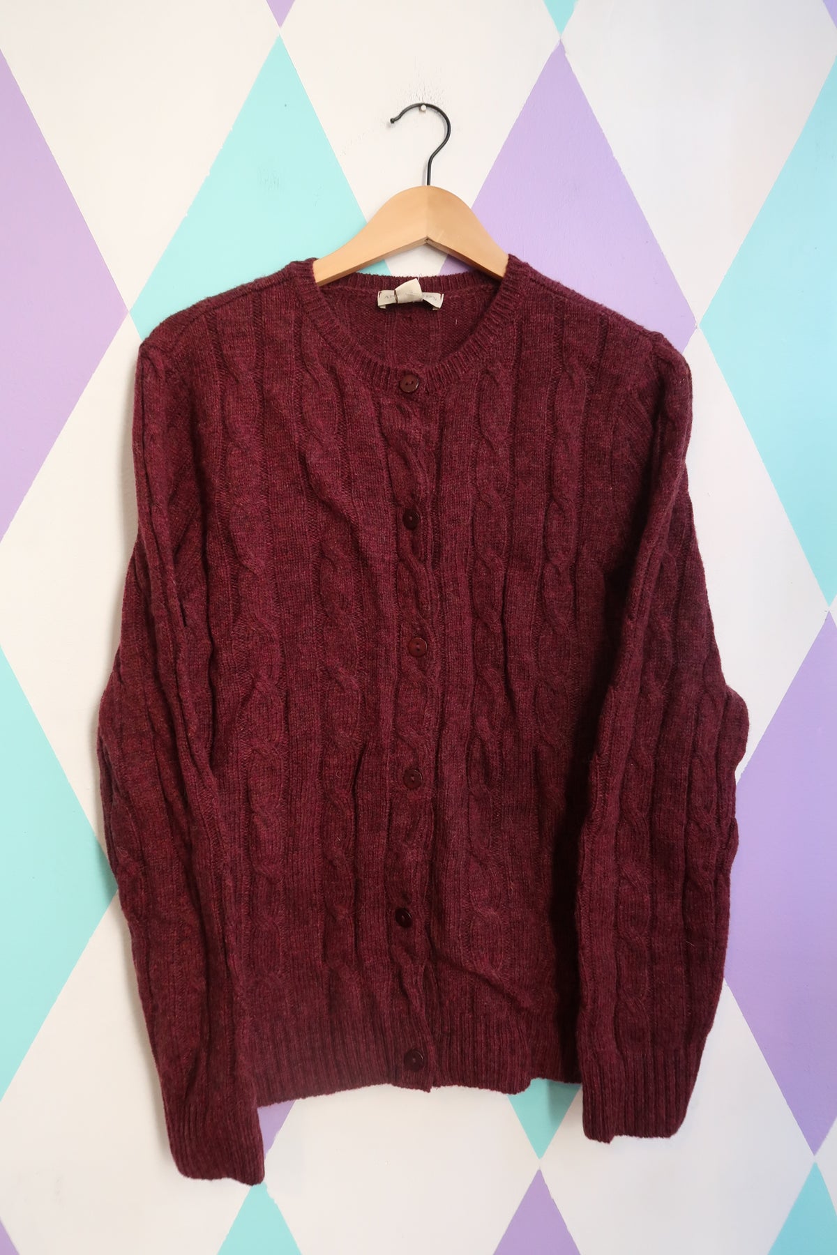 Vintage 100% Wool Cable Knit Cardigan – Deep Cranberry Red - Elektra Vintage