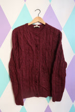 Load image into Gallery viewer, Vintage 100% Wool Cable Knit Cardigan – Deep Cranberry Red
