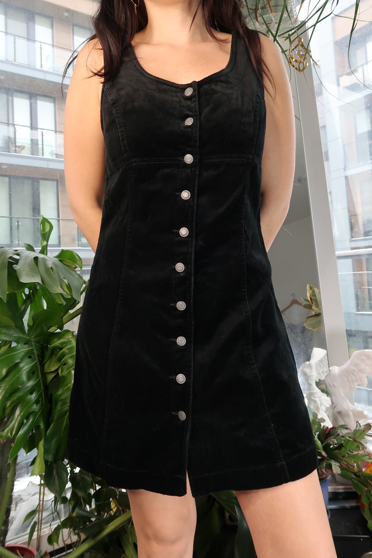 Vintage 1990s Gap Black Velvet Button Down Jumper Dress