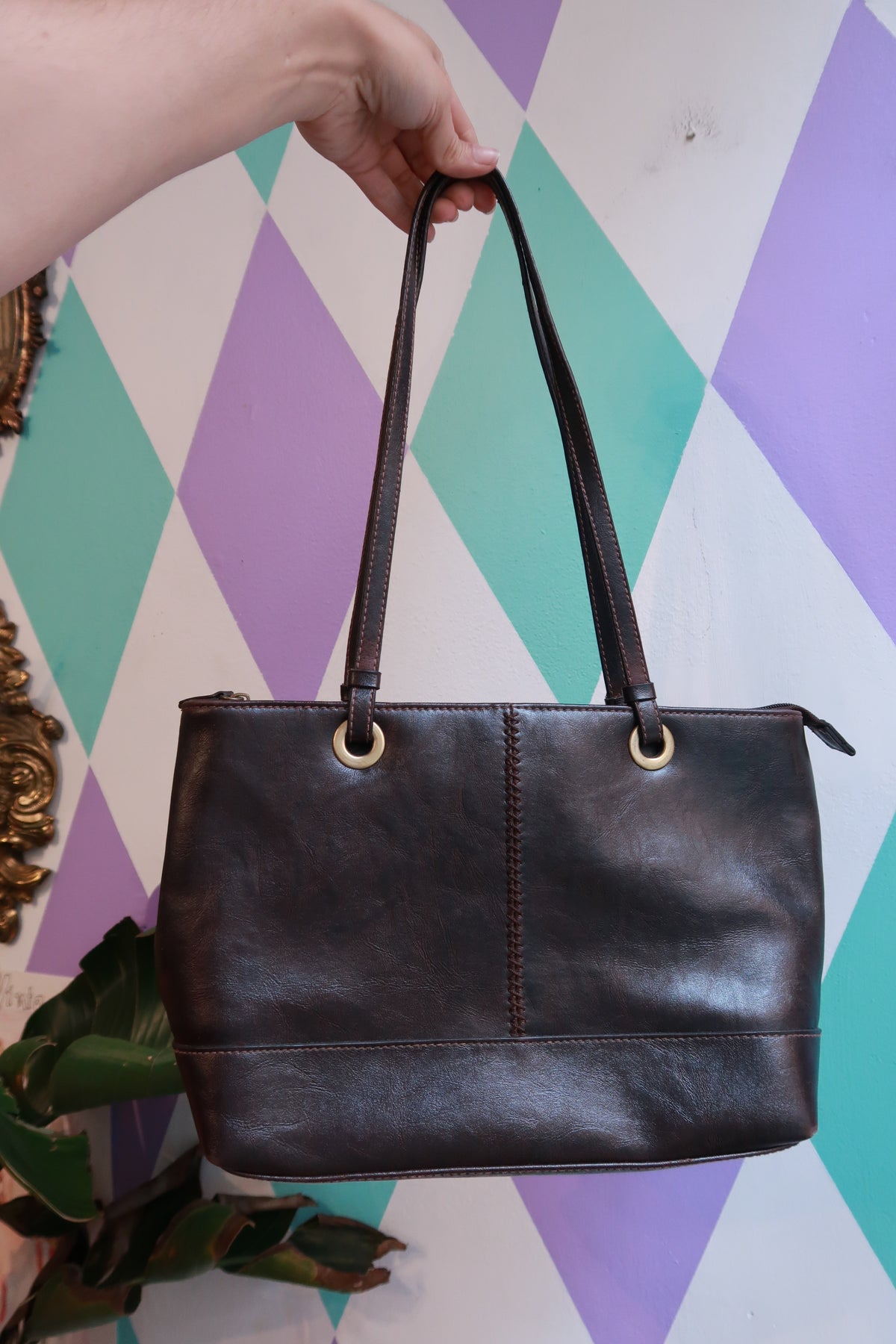Vintage Espresso Brown Shoulder Bag by Elektra Vintage, minimalist tote purse with sleek design and sturdy shoulder strap.