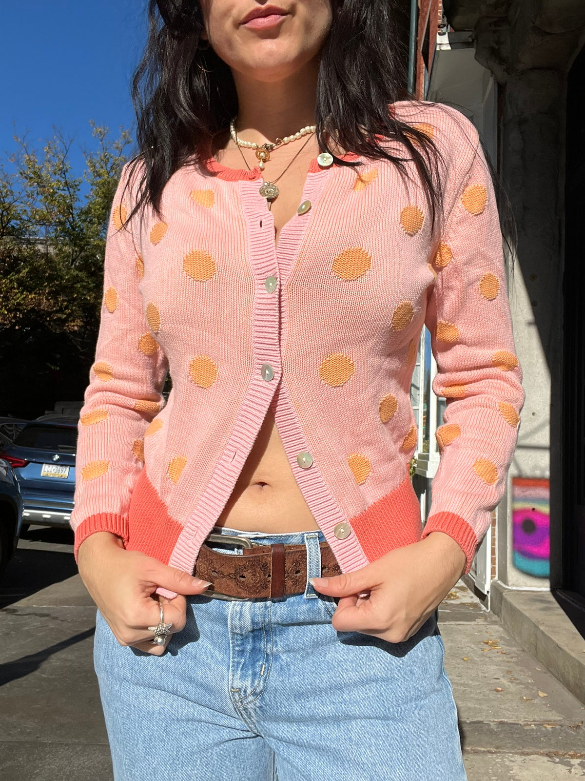 Elektra Vintage women's polka dot knit cardigan from Talbots, featuring a classic vintage design and button closure.
