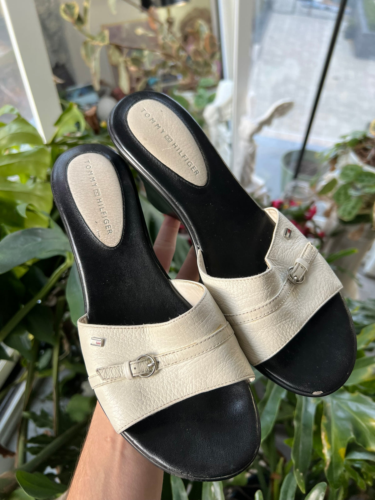Vintage 2000s Tommy Hilfiger wedge sandals by Elektra Vintage, featuring classic design with woven straps and cork wedge heel.