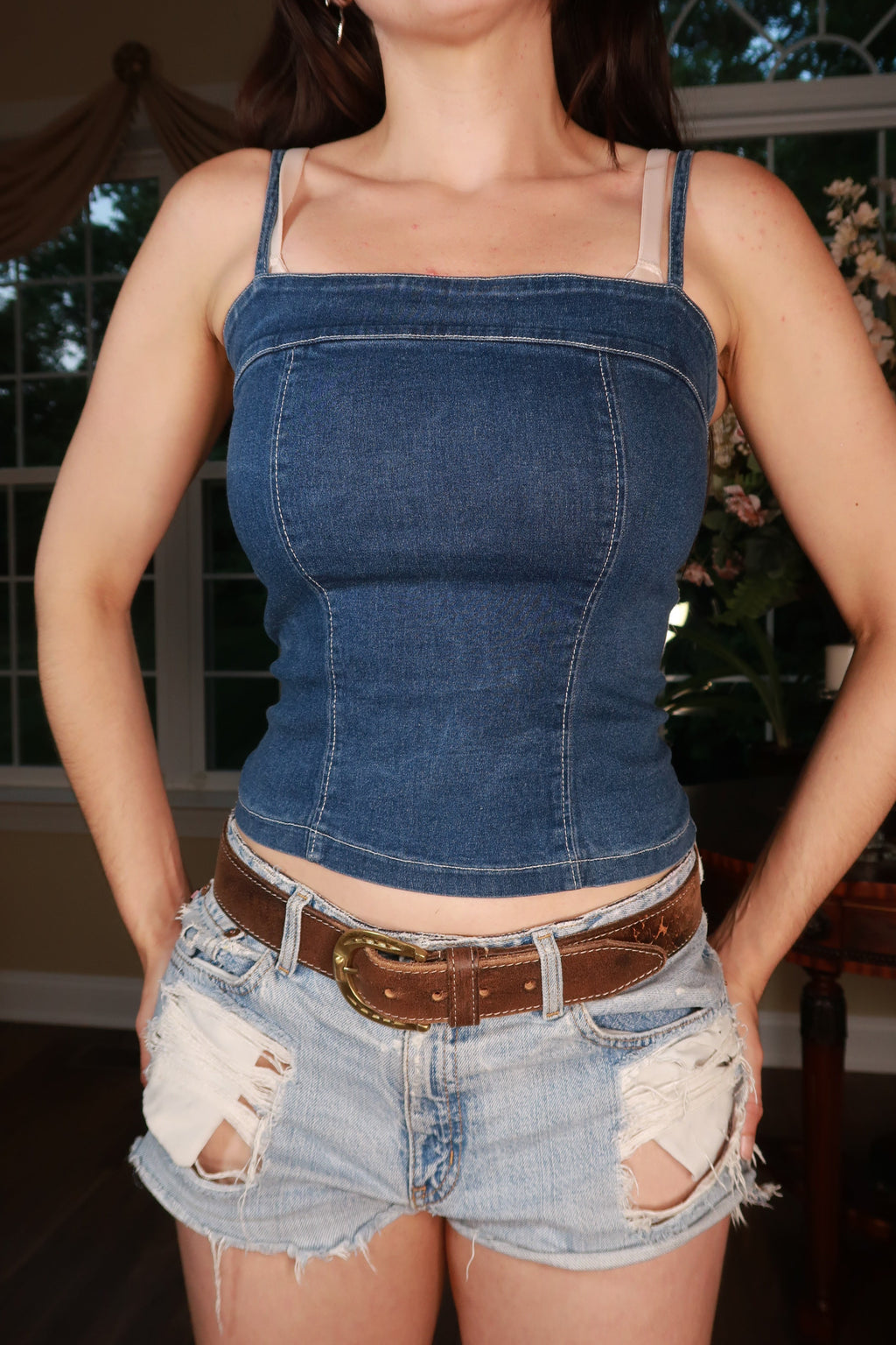Vintage 2000s denim bodice tank top for women by Elektra Vintage, showing fitted style with shoulder straps and classic denim fabric.