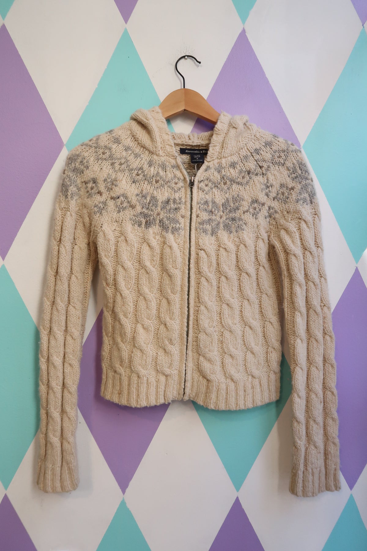 Vintage Abercrombie & Fitch 100% Wool Cable Knit Hoodie – Cream Nordic Fair Isle