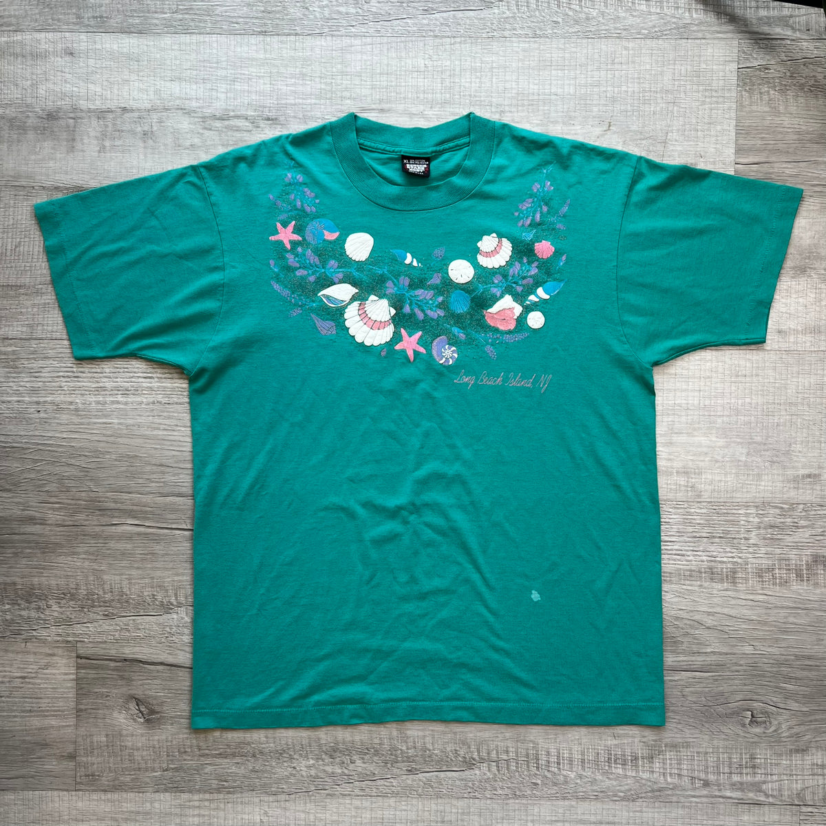 Long Beach Island Seashell Graphic Tee - Vibrant Teal Beach Souvenir Tee by Screen Stars Best - Elektra Vintage