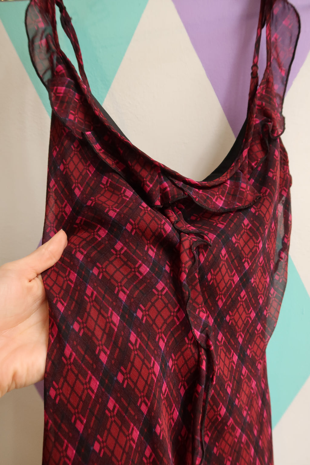 NWT Vintage Betsey Johnson 100% Silk Red Black Geometric Silk Dress with Ruffles