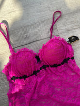 Load image into Gallery viewer, NWT Hot Pink Lace Negligee Top and Thong Set sz Medium
