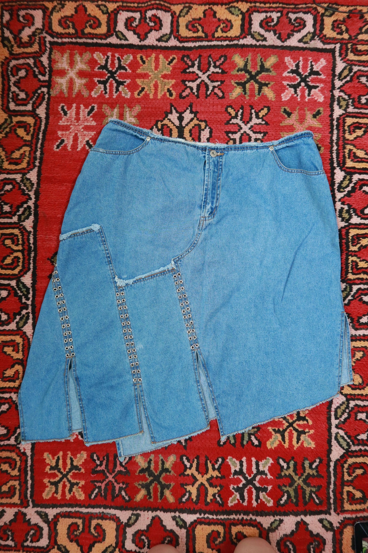 Vintage 2000s Plus Size Denim Midi Skirt Silver Grommet Chain Link Panel Jean Skirt