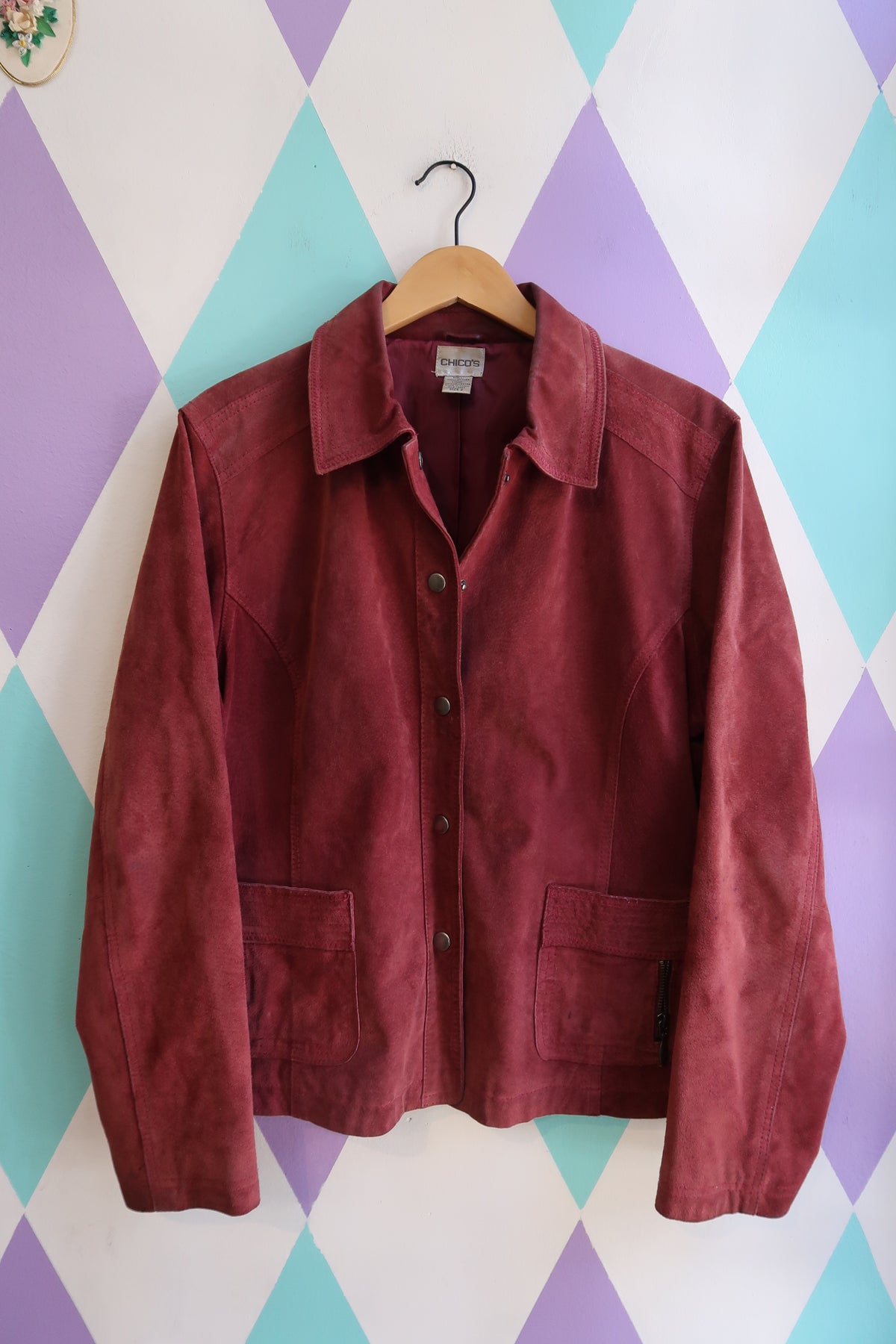 Vintage Suede Button-Up Jacket in Deep Wine Red