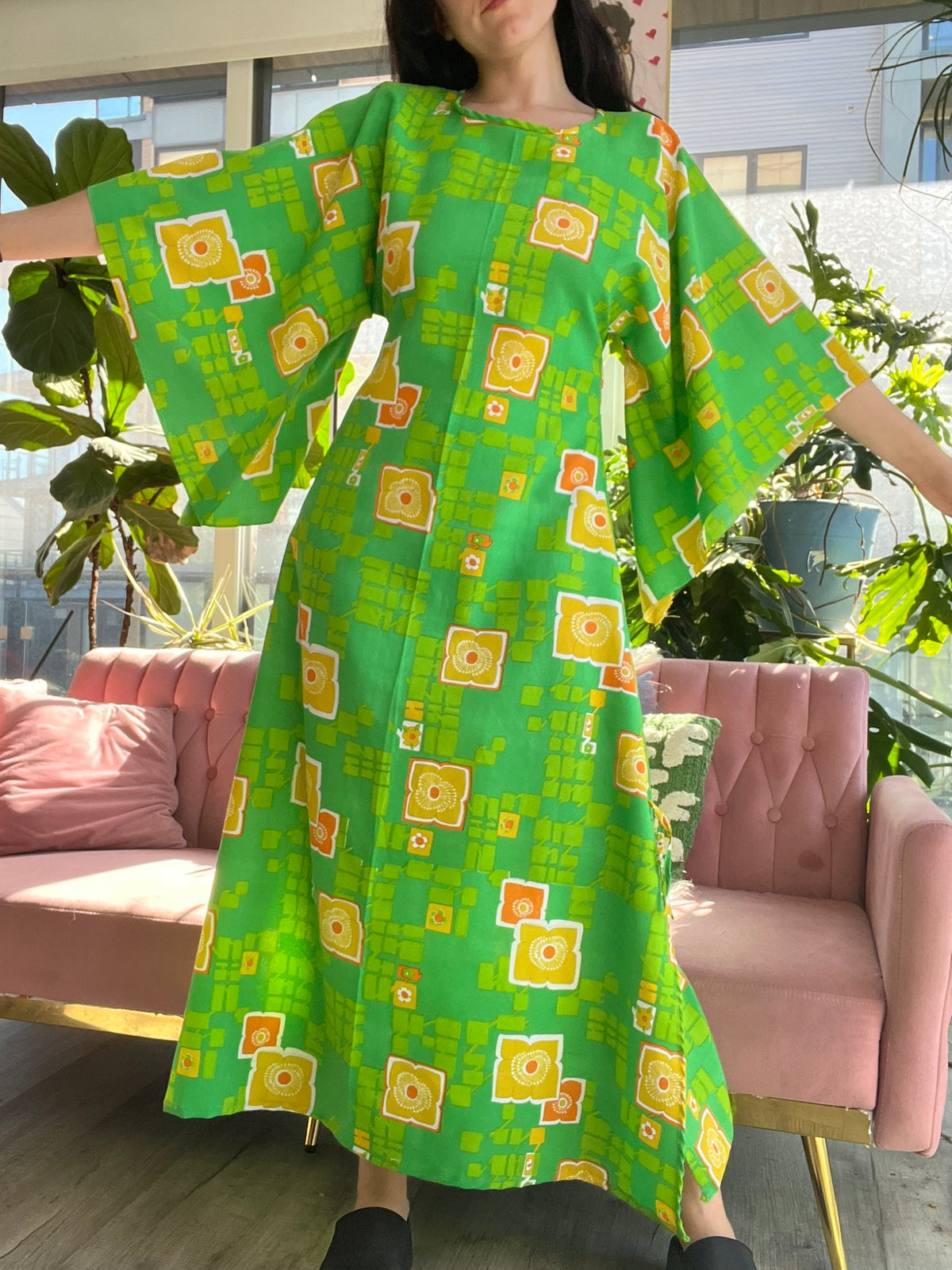 60s 70s Vintage Green Geometric Pattern Maxi Dress - Elektra Vintage
