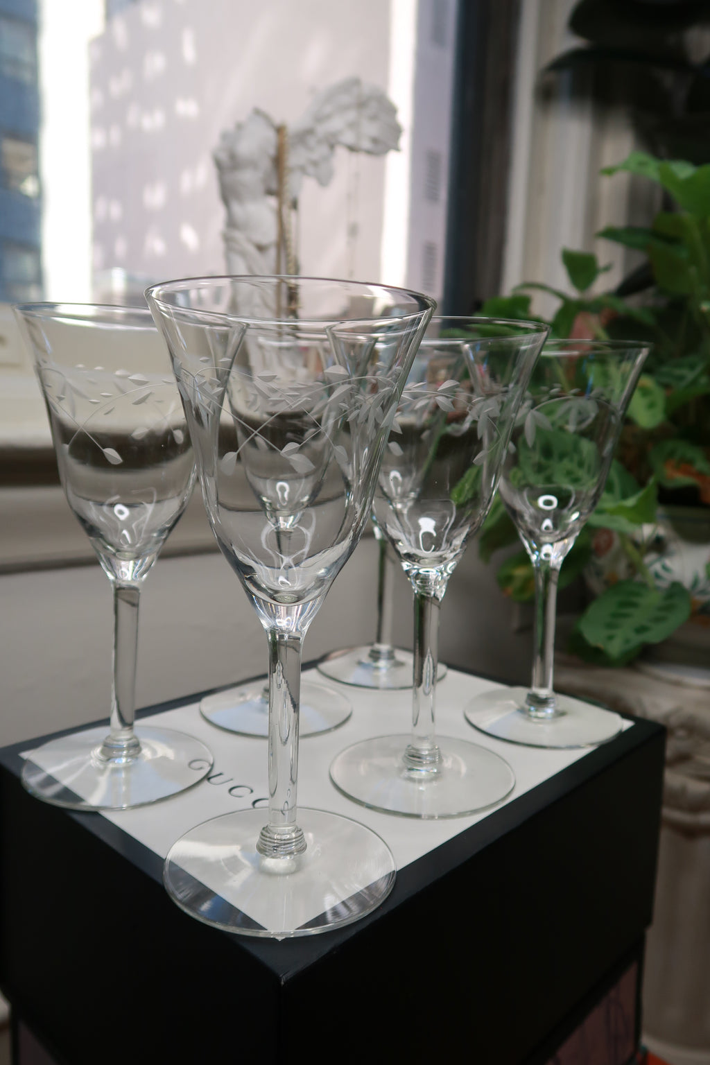 Vintage Etched Floral Wine Glasses Set of 6