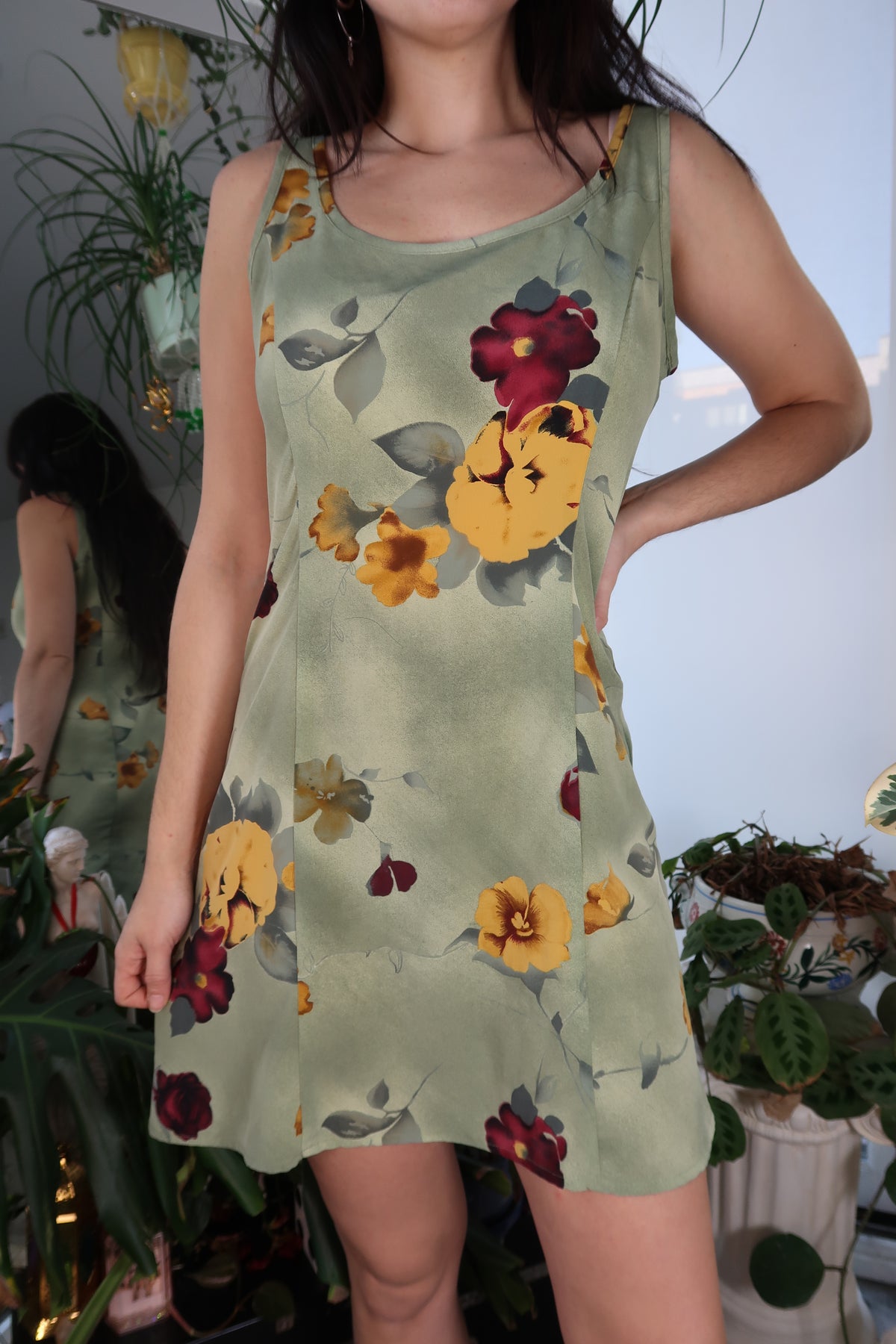 Vintage 90s Olive Floral Mini Dress