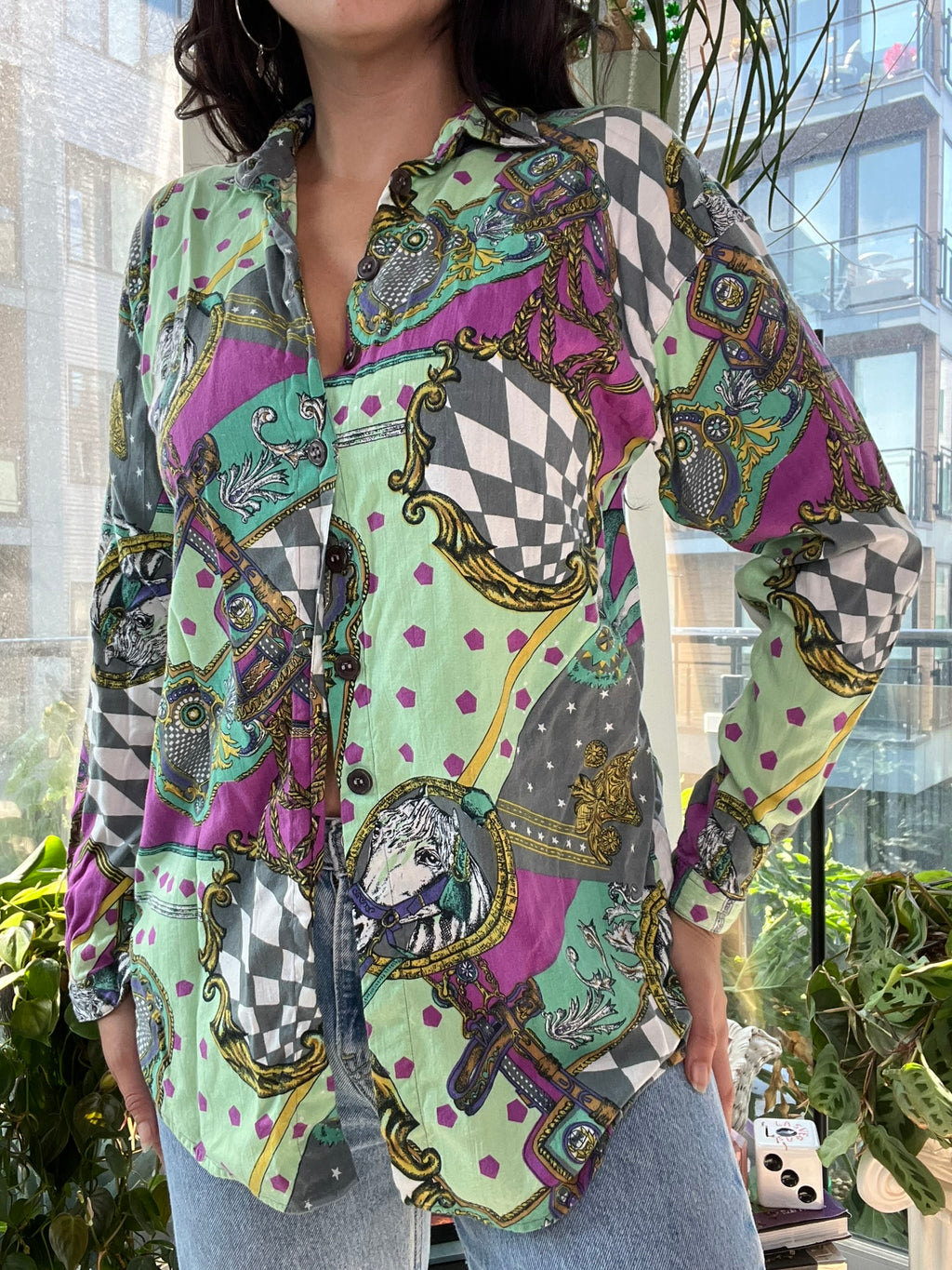 Elektra Vintage women's long sleeve button-up top with vintage horse-themed pattern, featuring a stylish and classic design.