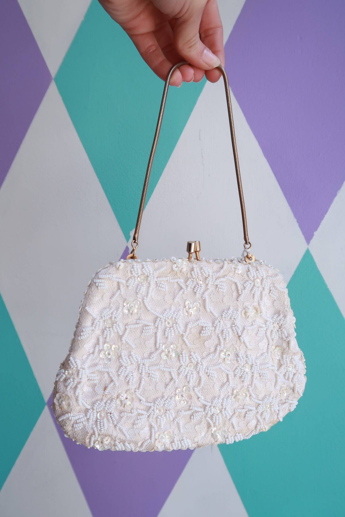 Vintage Elektra Vintage beaded ivory evening bag with floral sequin top handle, perfect for bridal and formal occasions.
