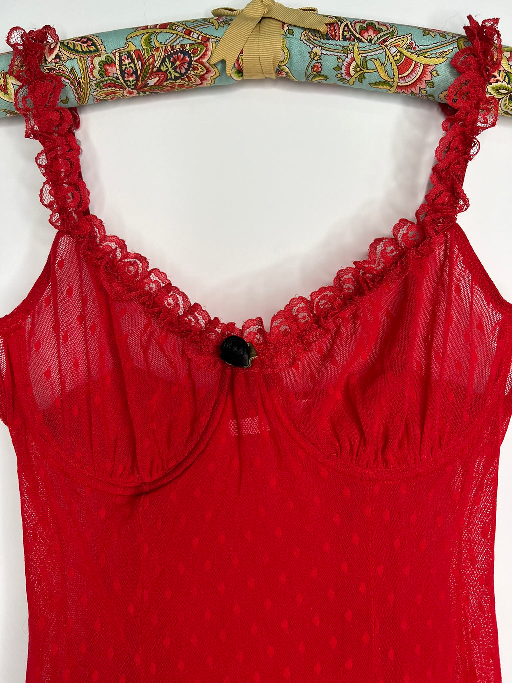 Women’s red lace top from the 2000s Victoria's Secret, by Elektra Vintage, featuring intricate lace details and a fitted style.