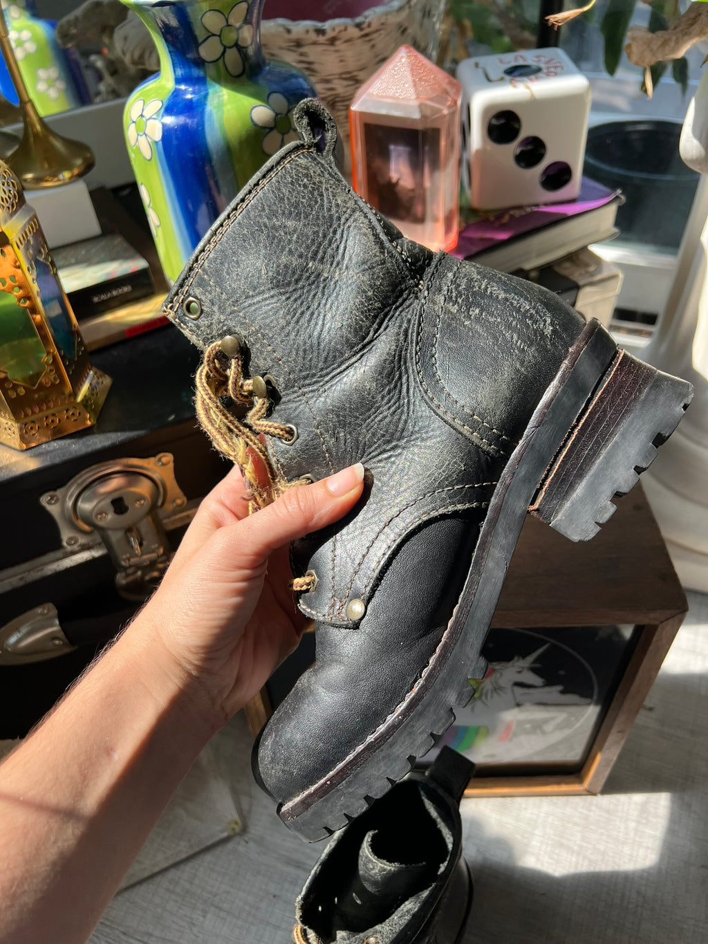 Vintage MIA leather combat boots by Elektra Vintage featuring rugged design and ankle-high style with laces and distressed finish.