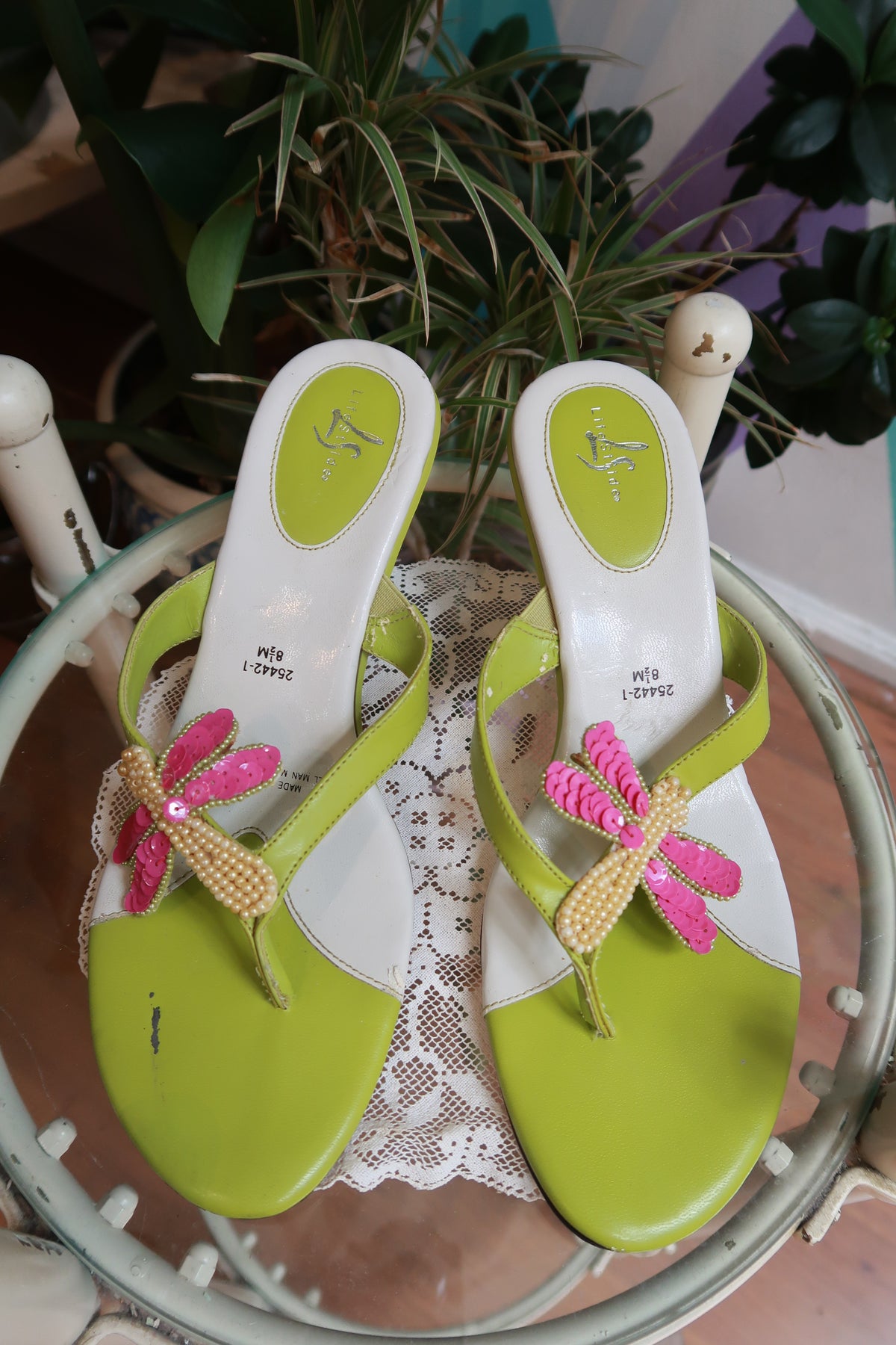 Vintage Y2K Lime Green Dragonfly Kitten Heel Sandals