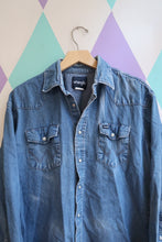 Load image into Gallery viewer, Vintage Wrangler Denim Western Snap Shirt – Classic Blue Jean Button-Up
