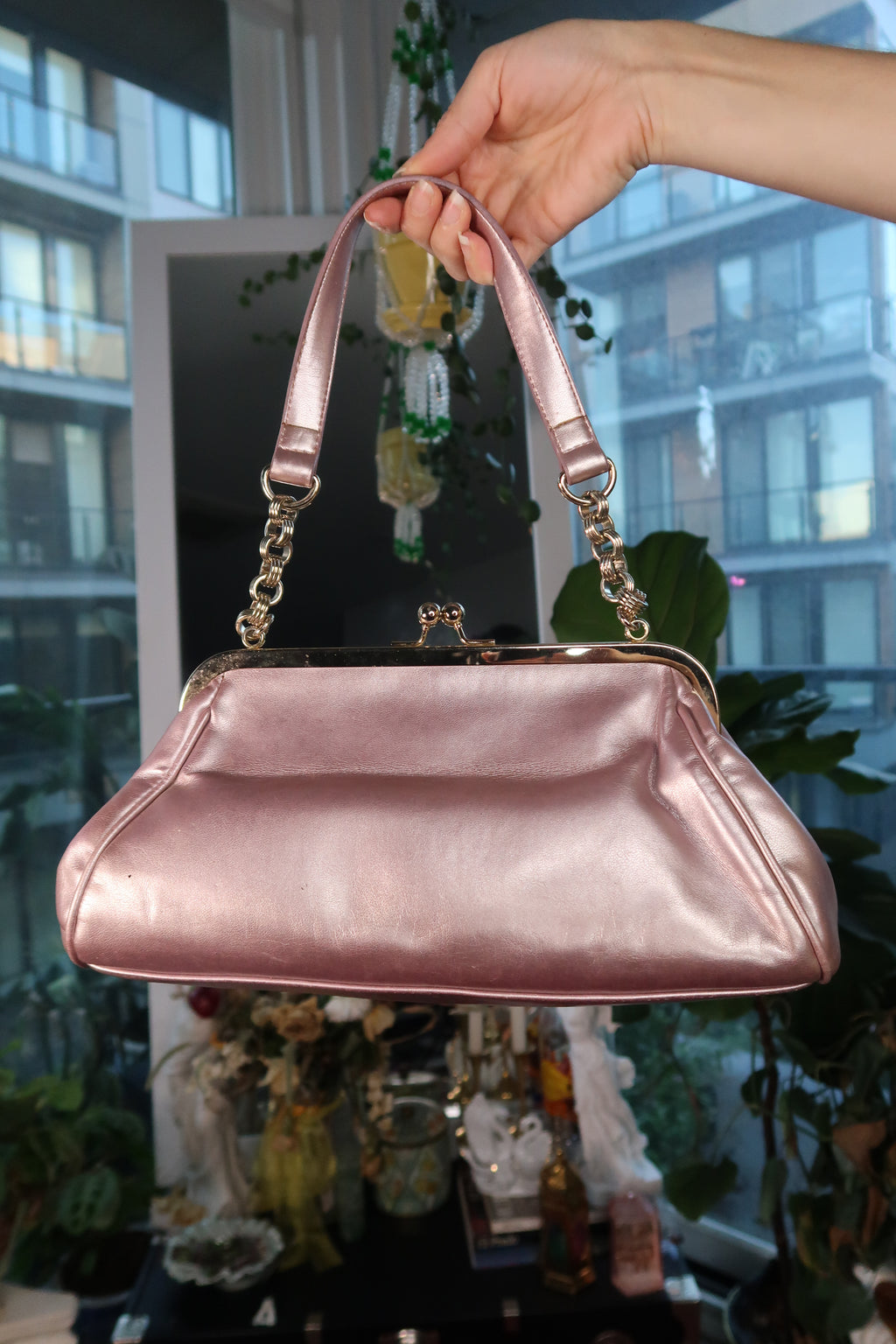 Vintage 90s Pink Metallic Shoulder Bag with Rabbit Fur Flower Accent