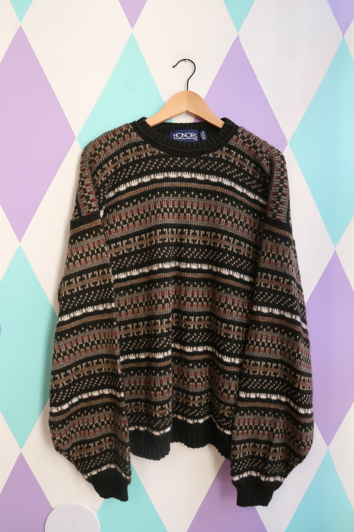 Vintage Honors 90s Earth-Tone Patterned Knit Sweater — Cozy Chunky Crewneck
