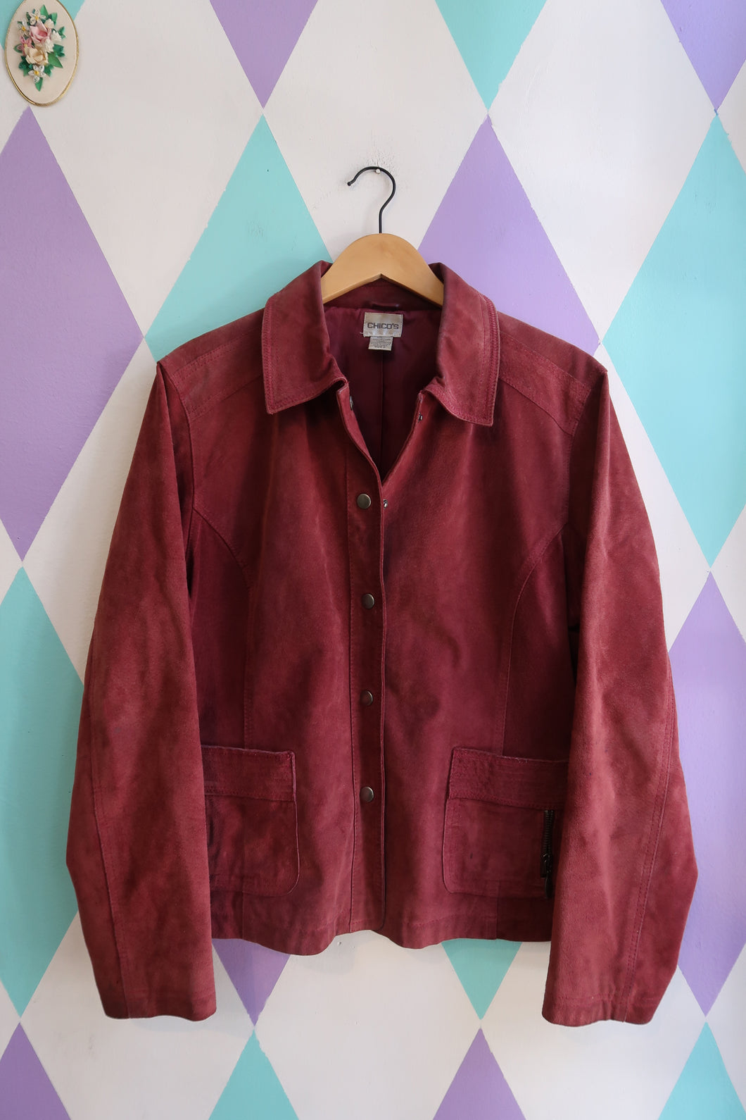 Vintage Suede Button-Up Jacket in Deep Wine Red